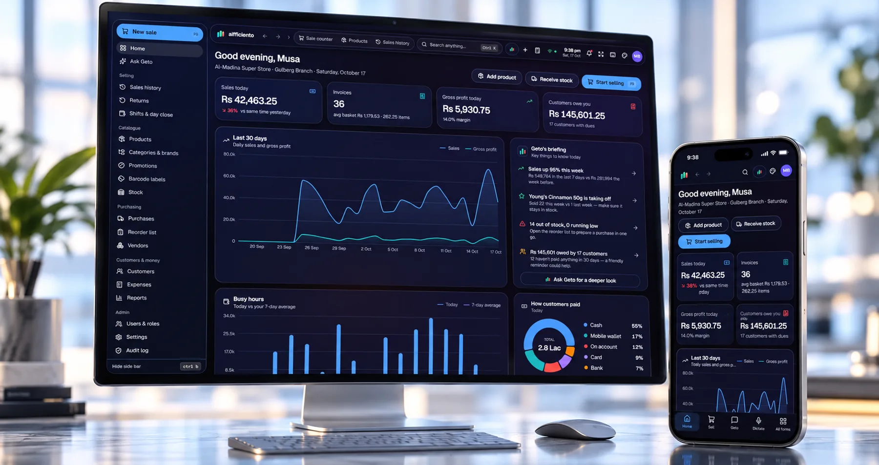 AIFFICIENTO desktop POS app in dark mode on a monitor with the mobile app