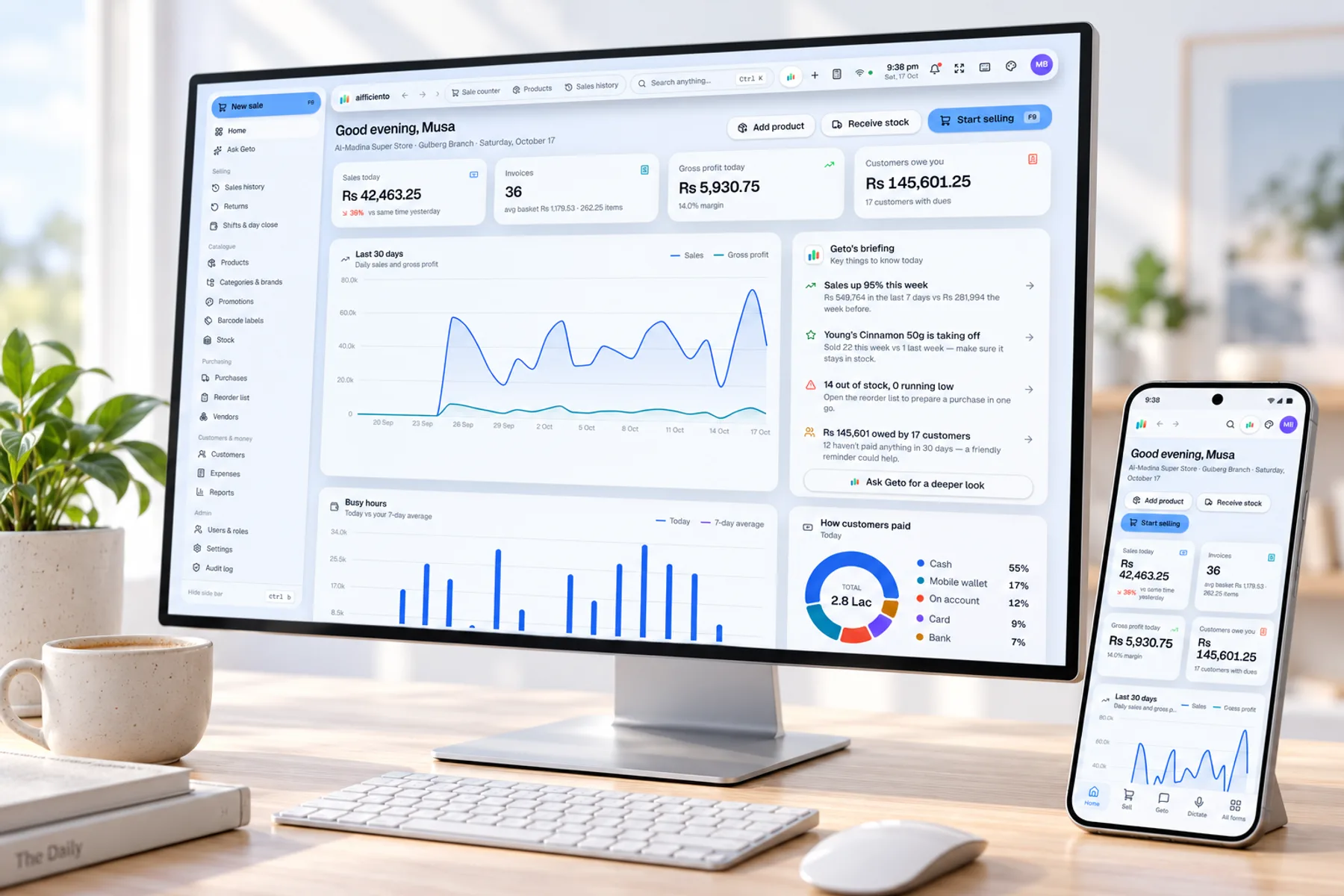 AIFFICIENTO desktop POS app on a monitor with the mobile app on a phone