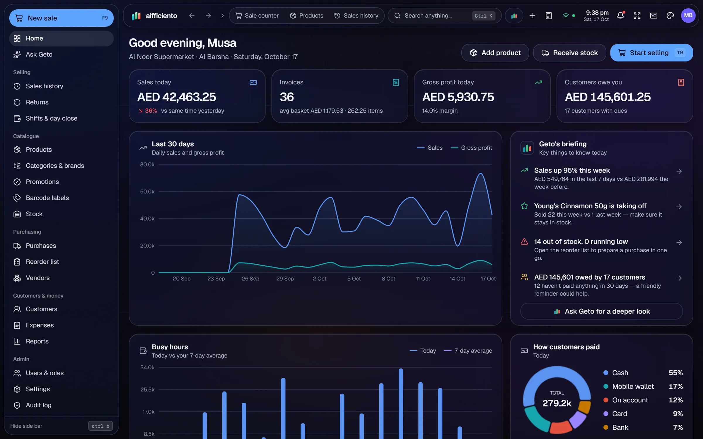 AIFFICIENTO dashboard in AED for UAE, dark mode