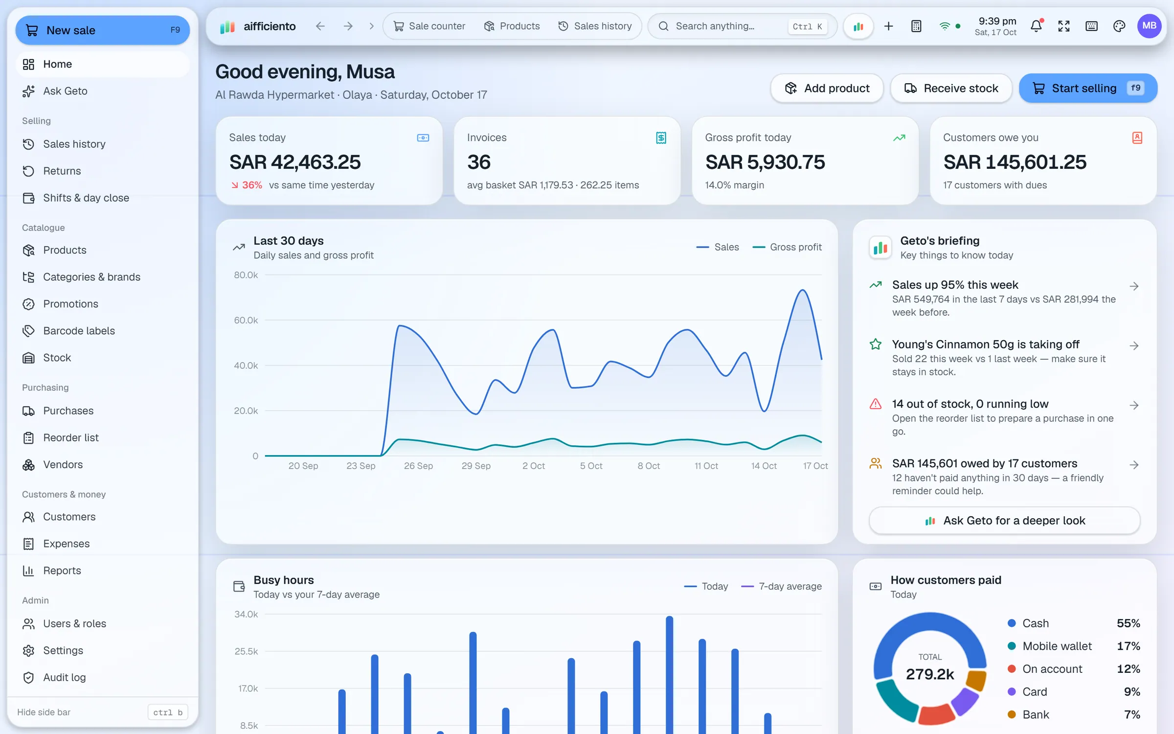 AIFFICIENTO dashboard in SAR for Saudi Arabia